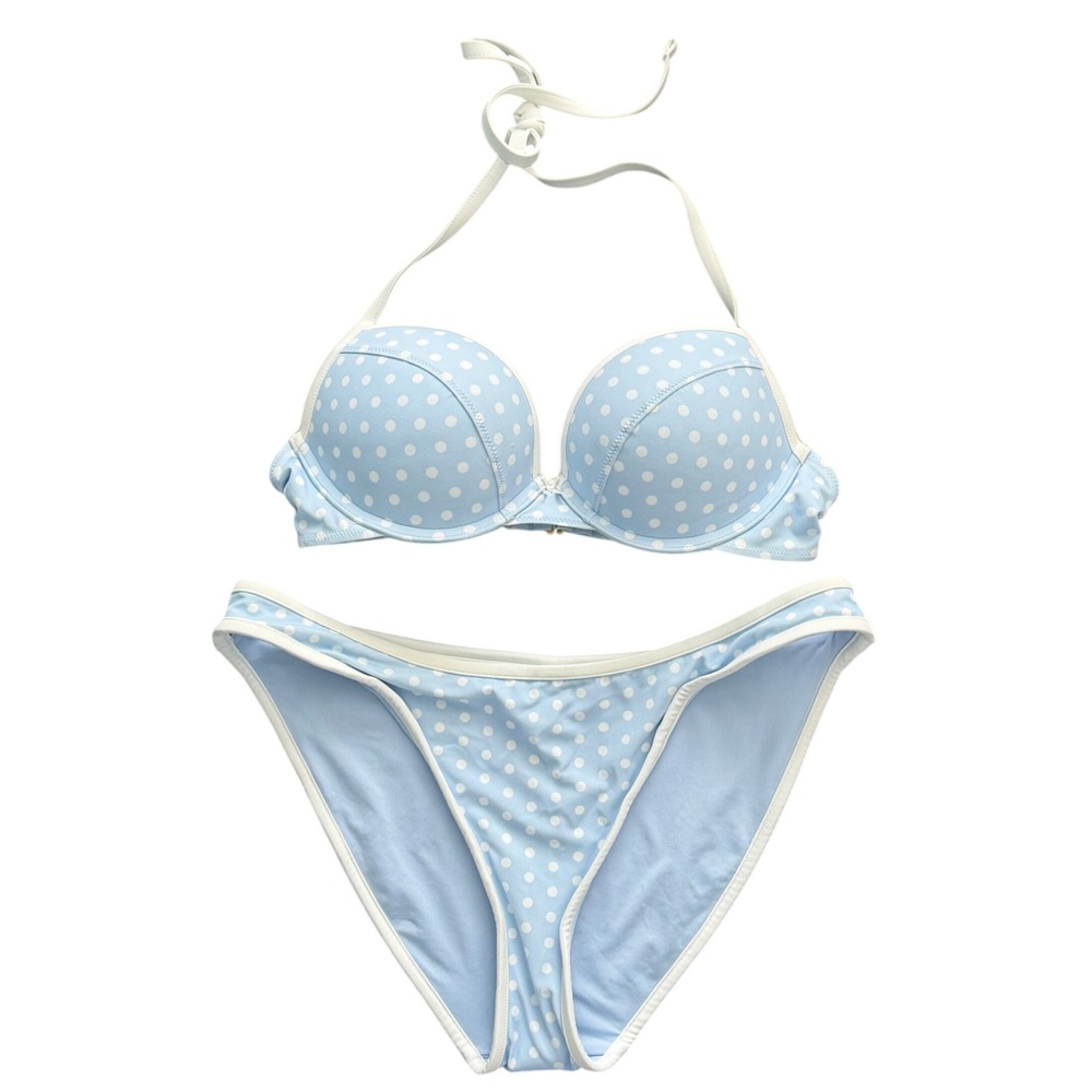 PINK by Frankies Bikinis Light Blue Polka Dot Push Up Halter Bikini Set M/L NWT